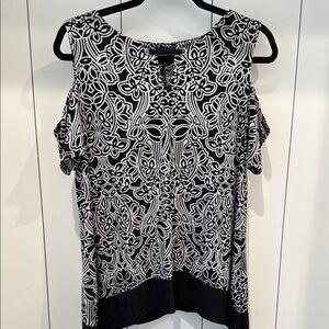 Rafaella Black and White Asymmetrical Cold Shoulder Top